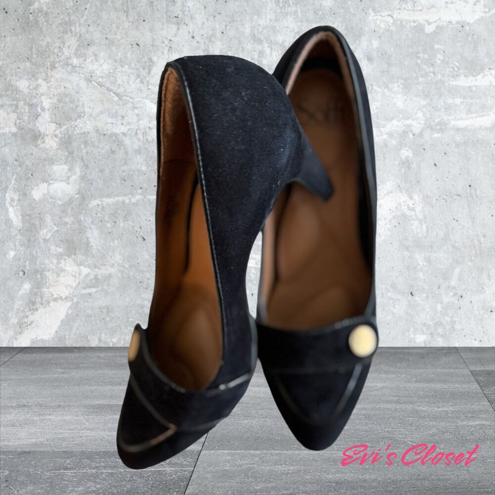 Sofft Heels Women's Black Suede Pumps Leather Button Chunky Heels Size  9M